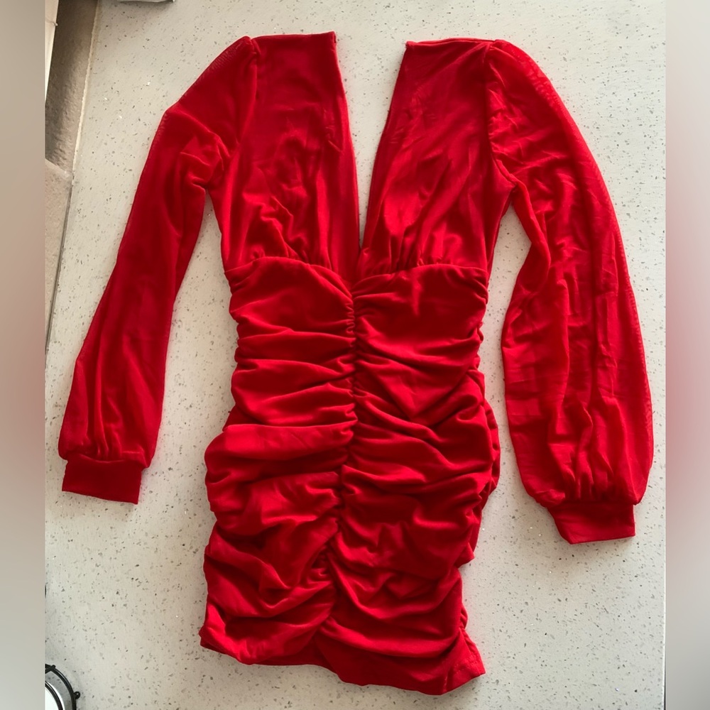 Vibrant Red Ruched Long Sleeve Bodycon Dress